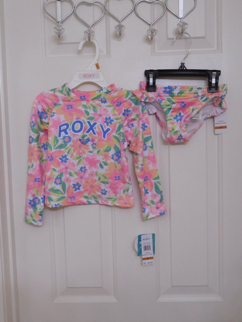 NWT 2pc Roxy Pink Orange Periwinkle Floral Rash Guard Top & Bottoms sz 4t
